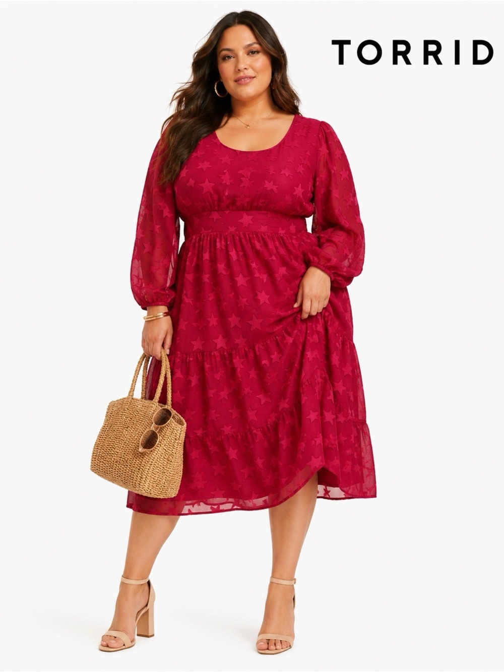 TORRID Magenta Star Print Tiered Midi Dress